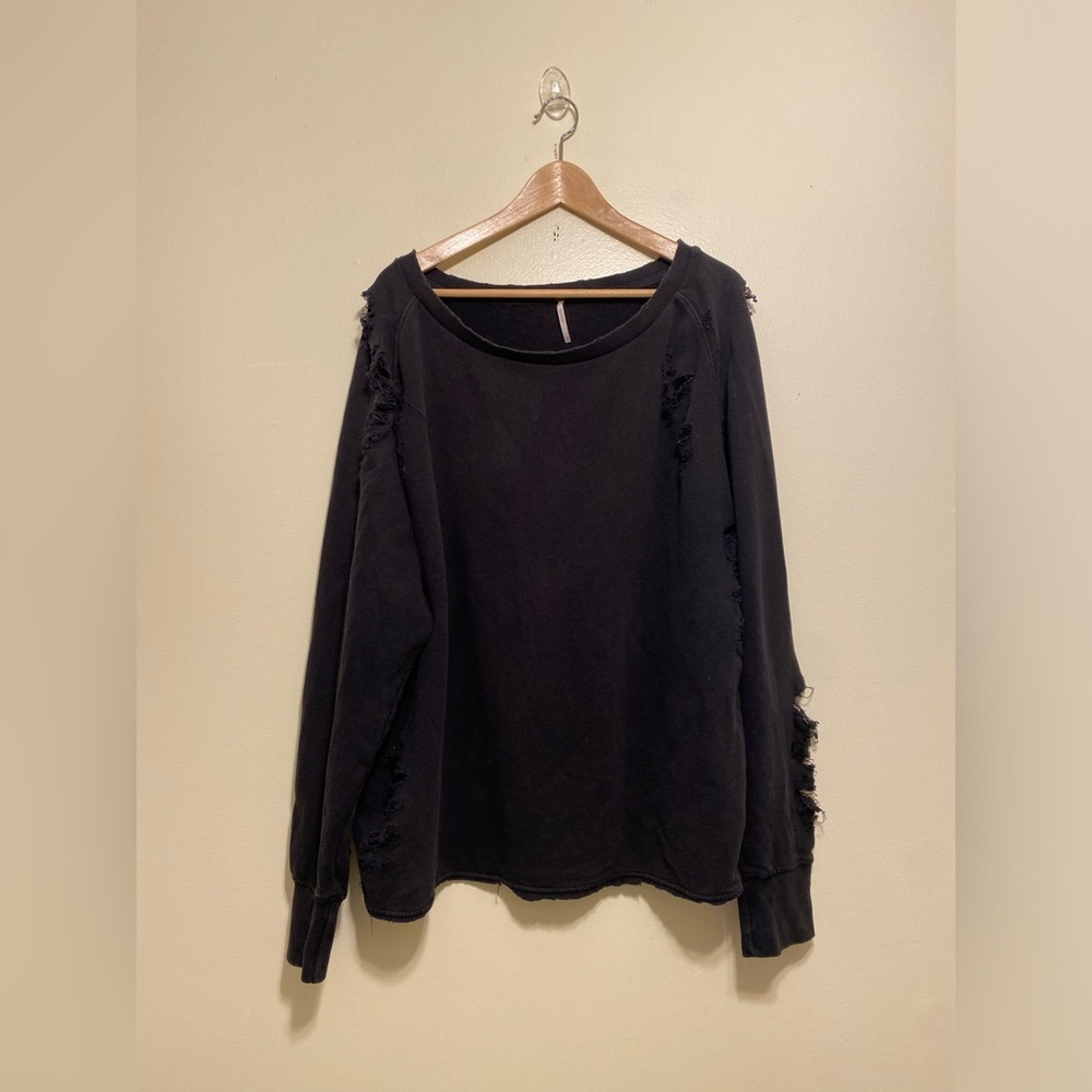 Free People Black Distressed Oversized Sweatshirt